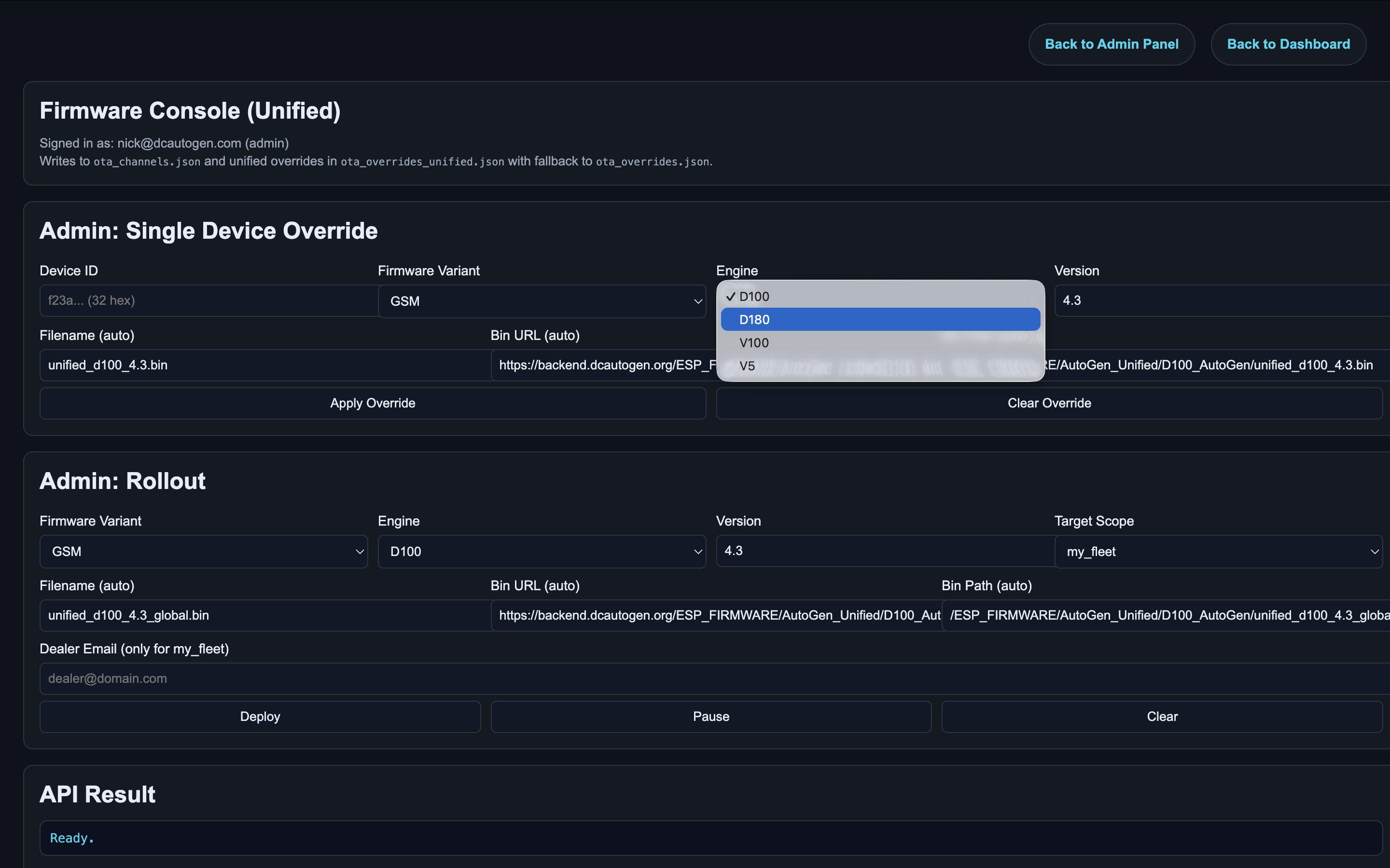 Admin Unified device override engine selection
