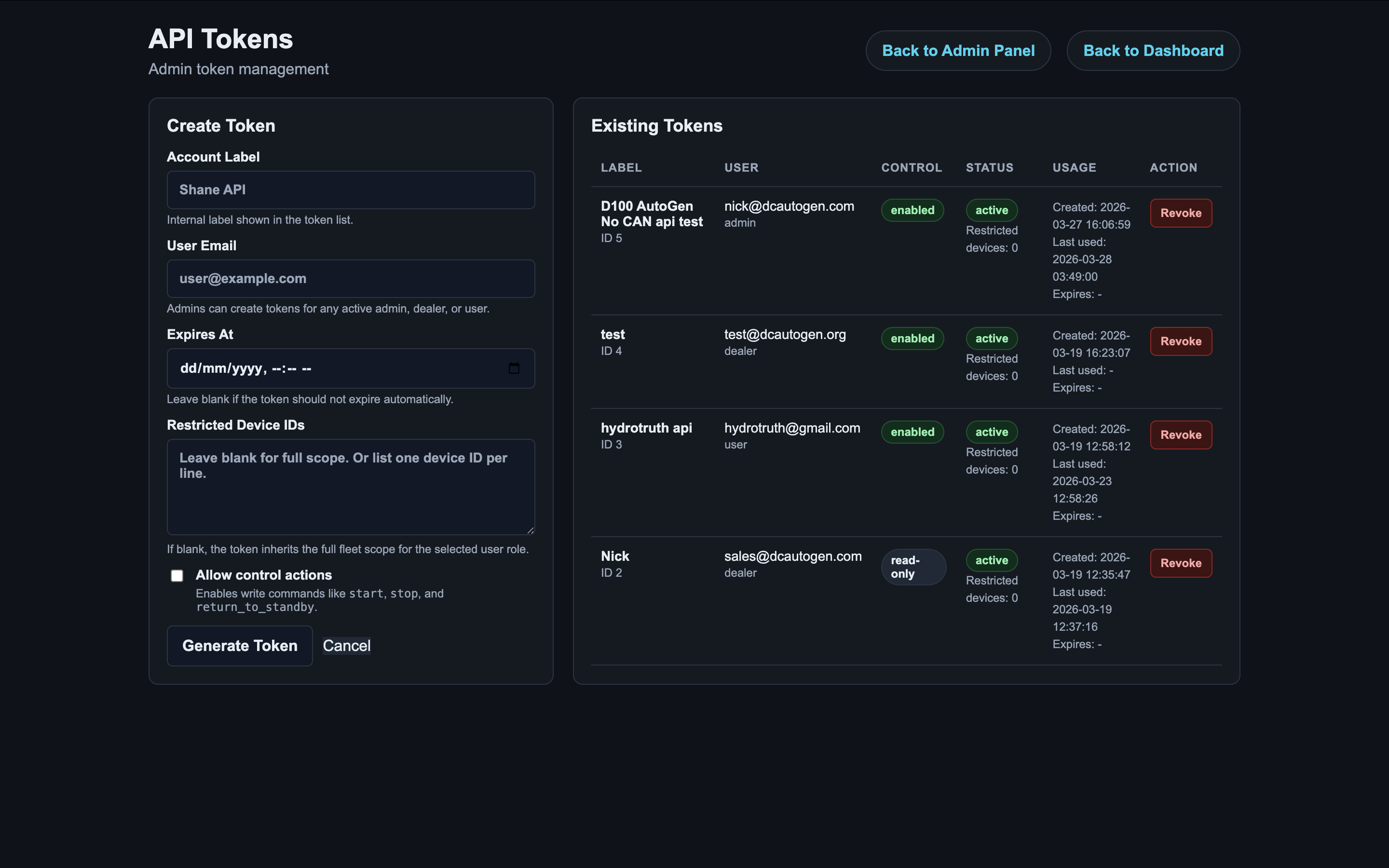 Dealer API tokens page