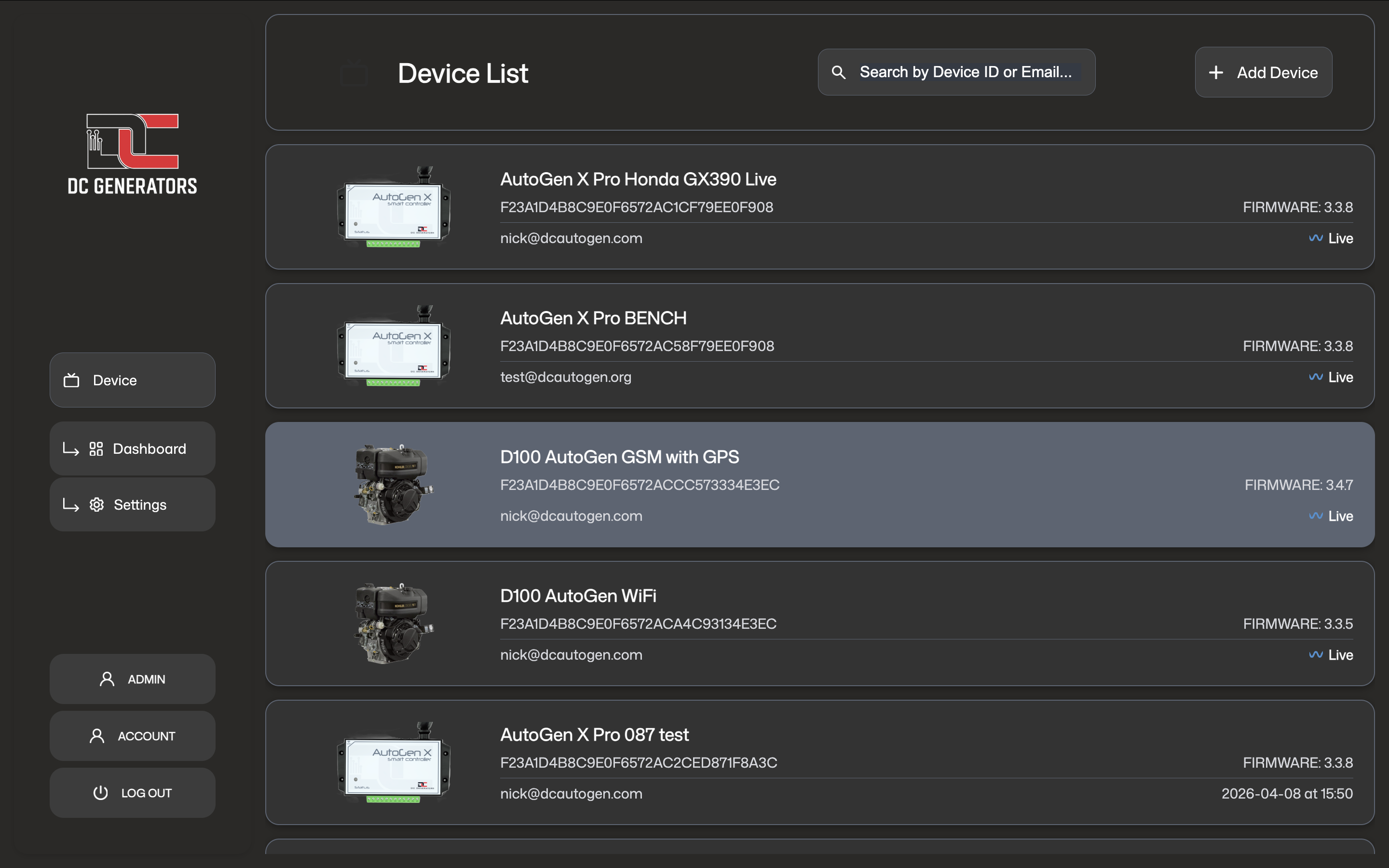 Unified generator device list in the mobile app