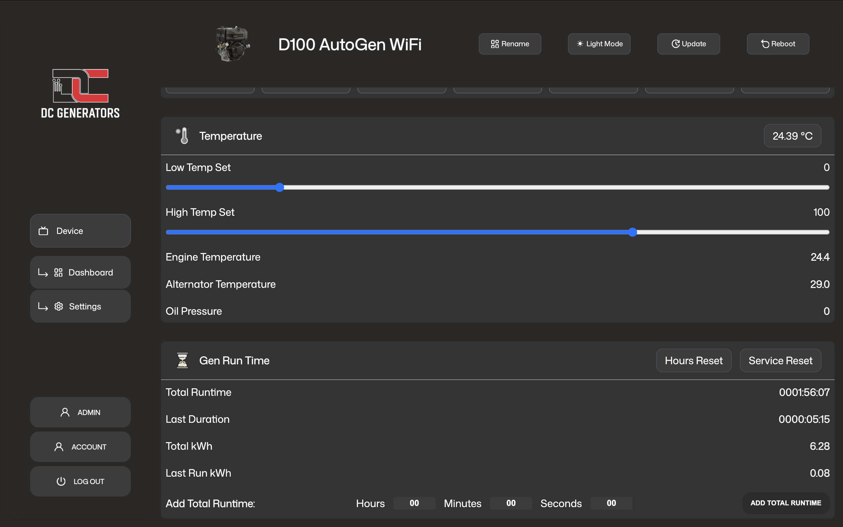 Unified generator temperature and runtime settings