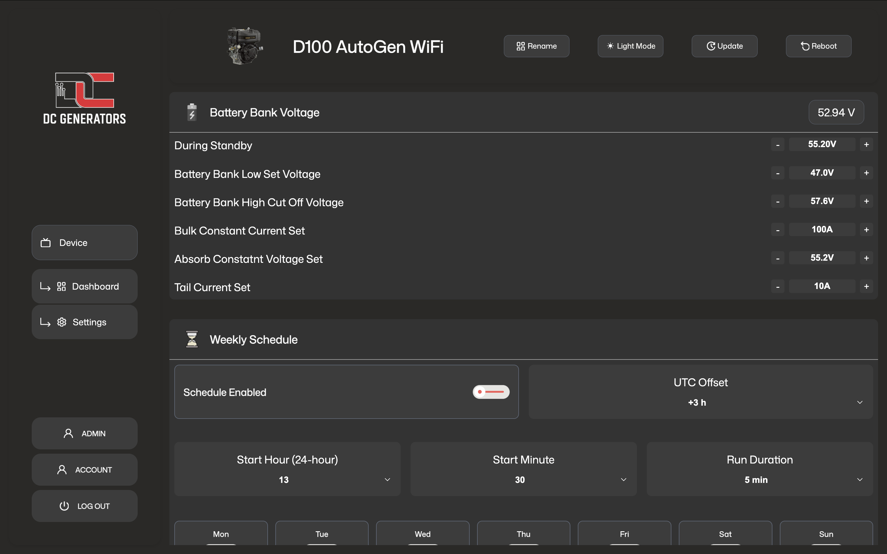 Unified generator weekly schedule settings