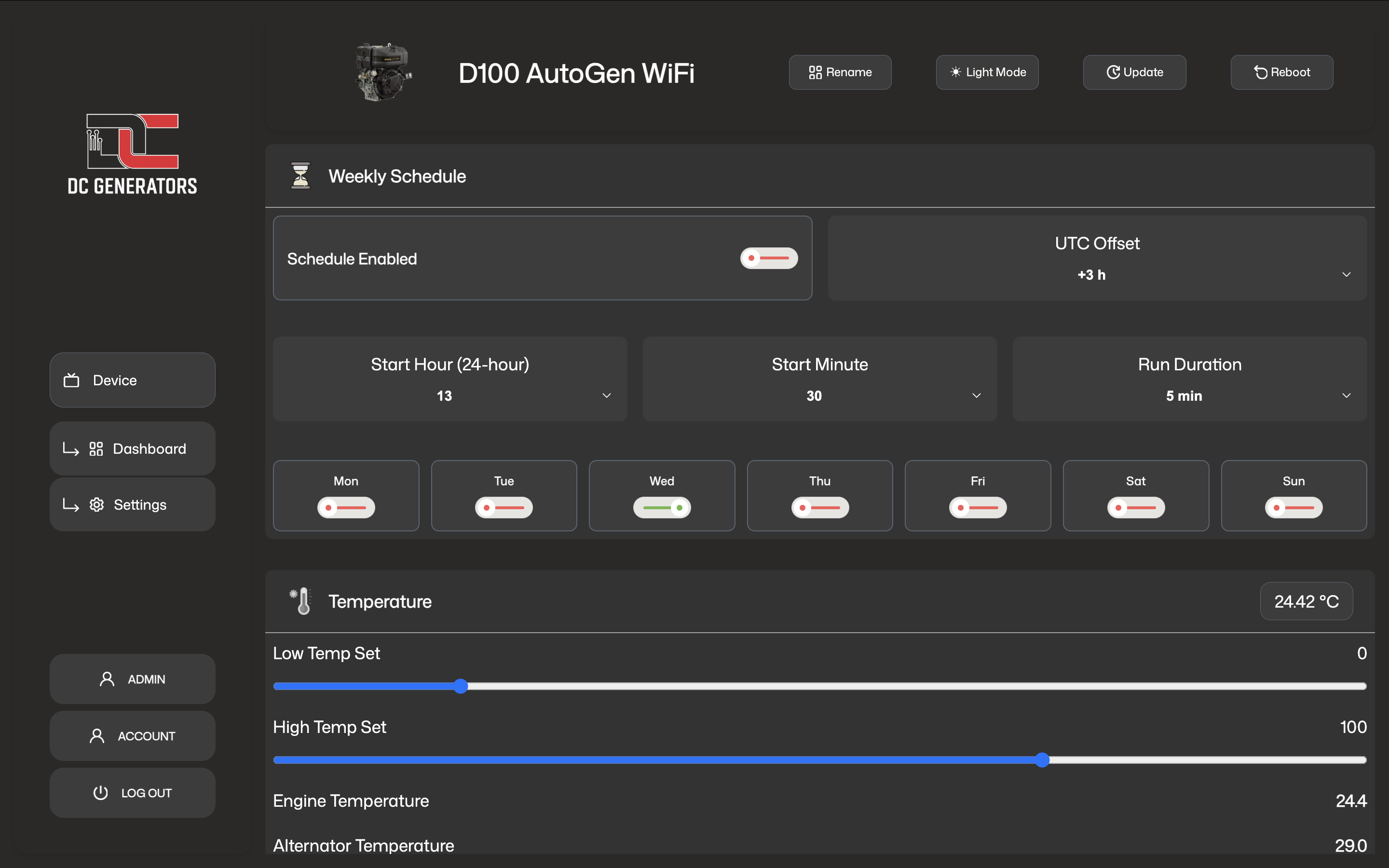 Unified generator settings view with weekly schedule and temperature sections