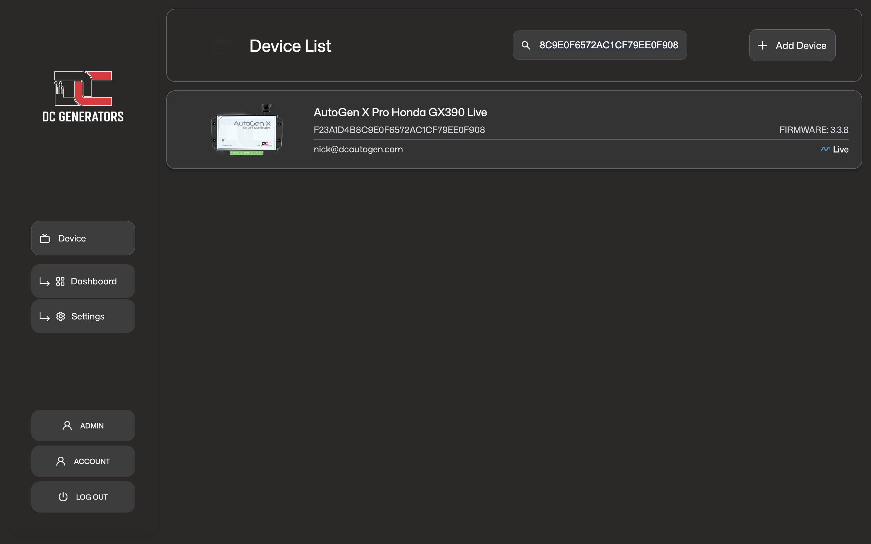 X Pro device list in the mobile app