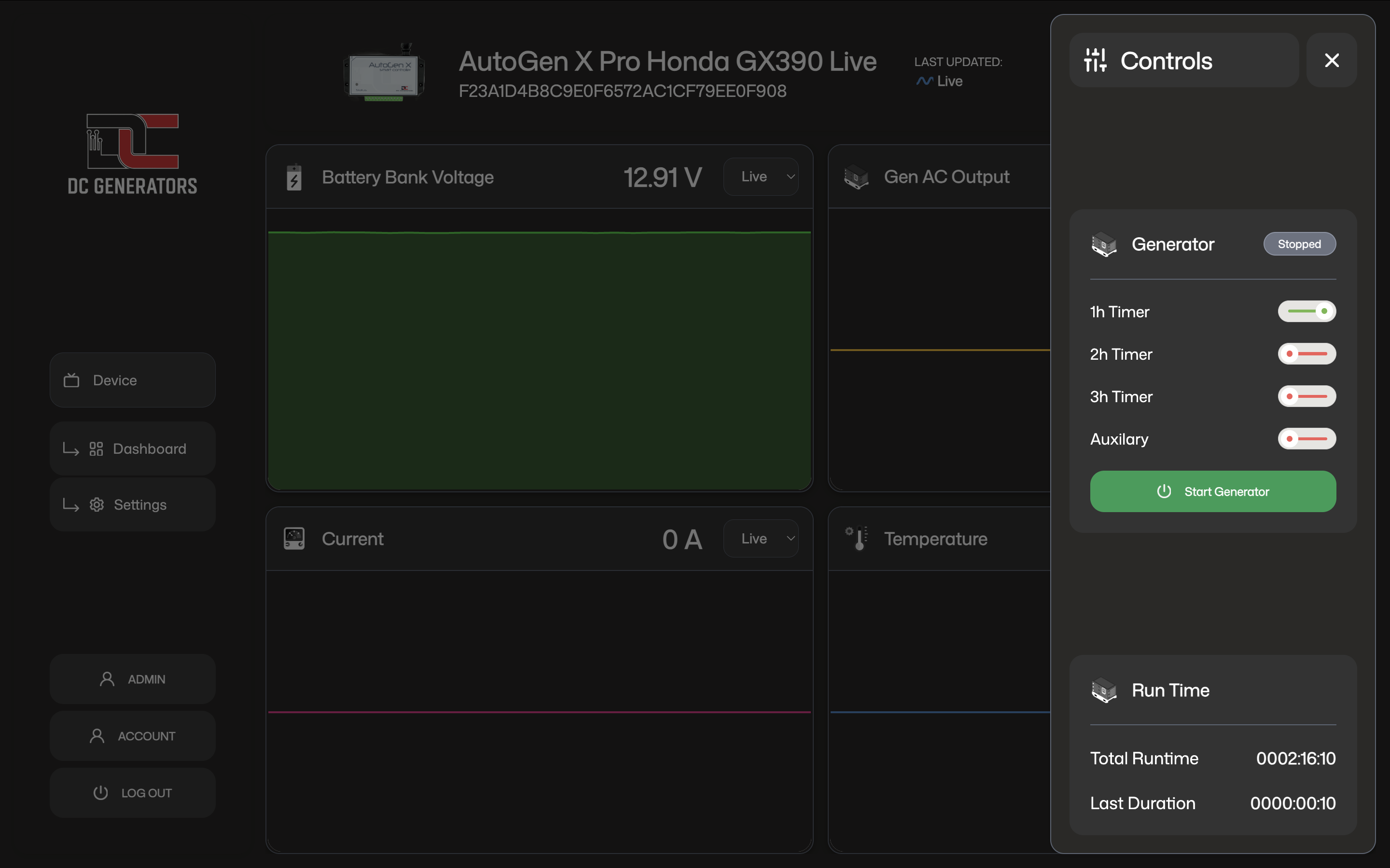 X Pro controls drawer in the web dashboard