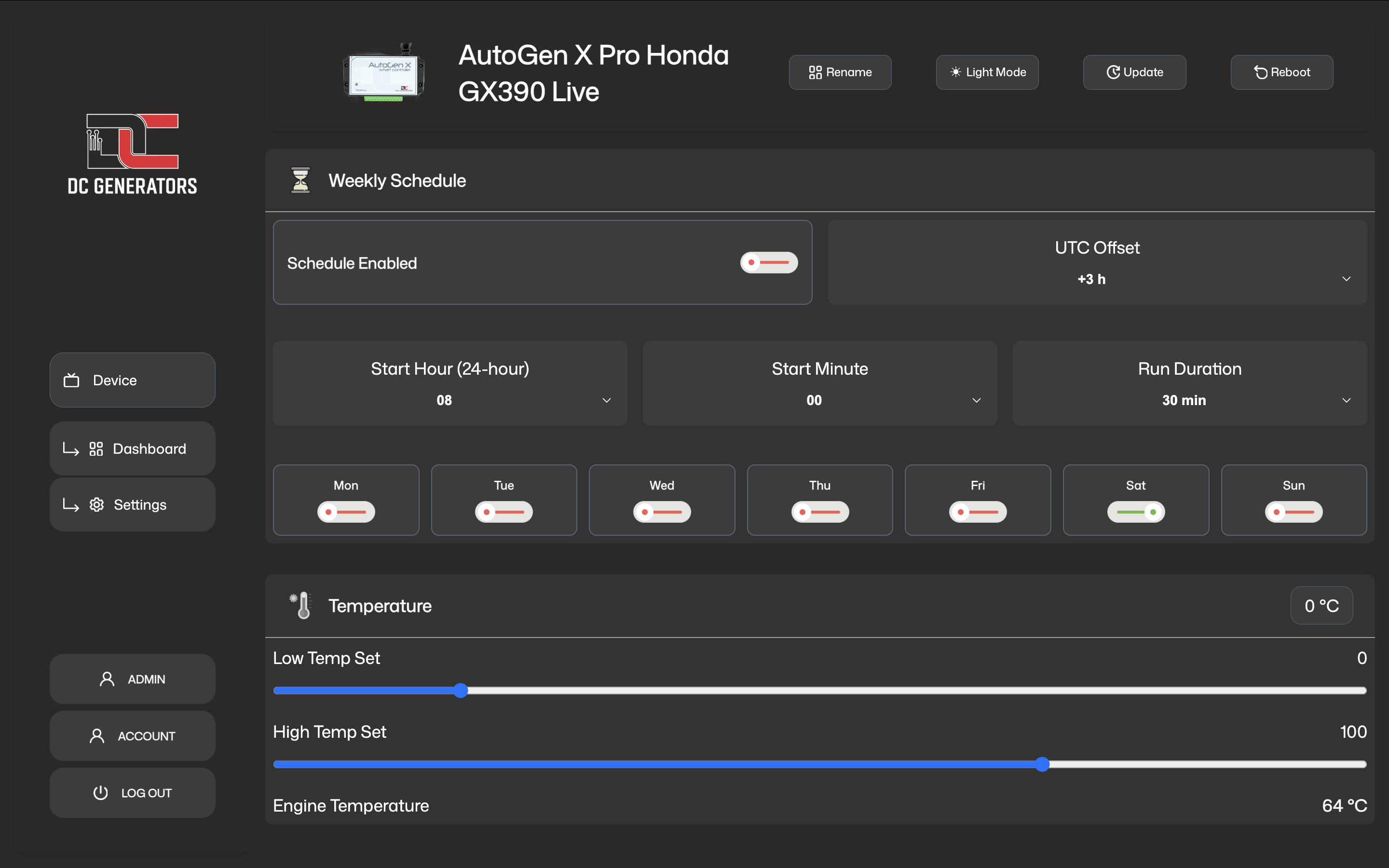 X Pro settings view with weekly schedule and temperature sections